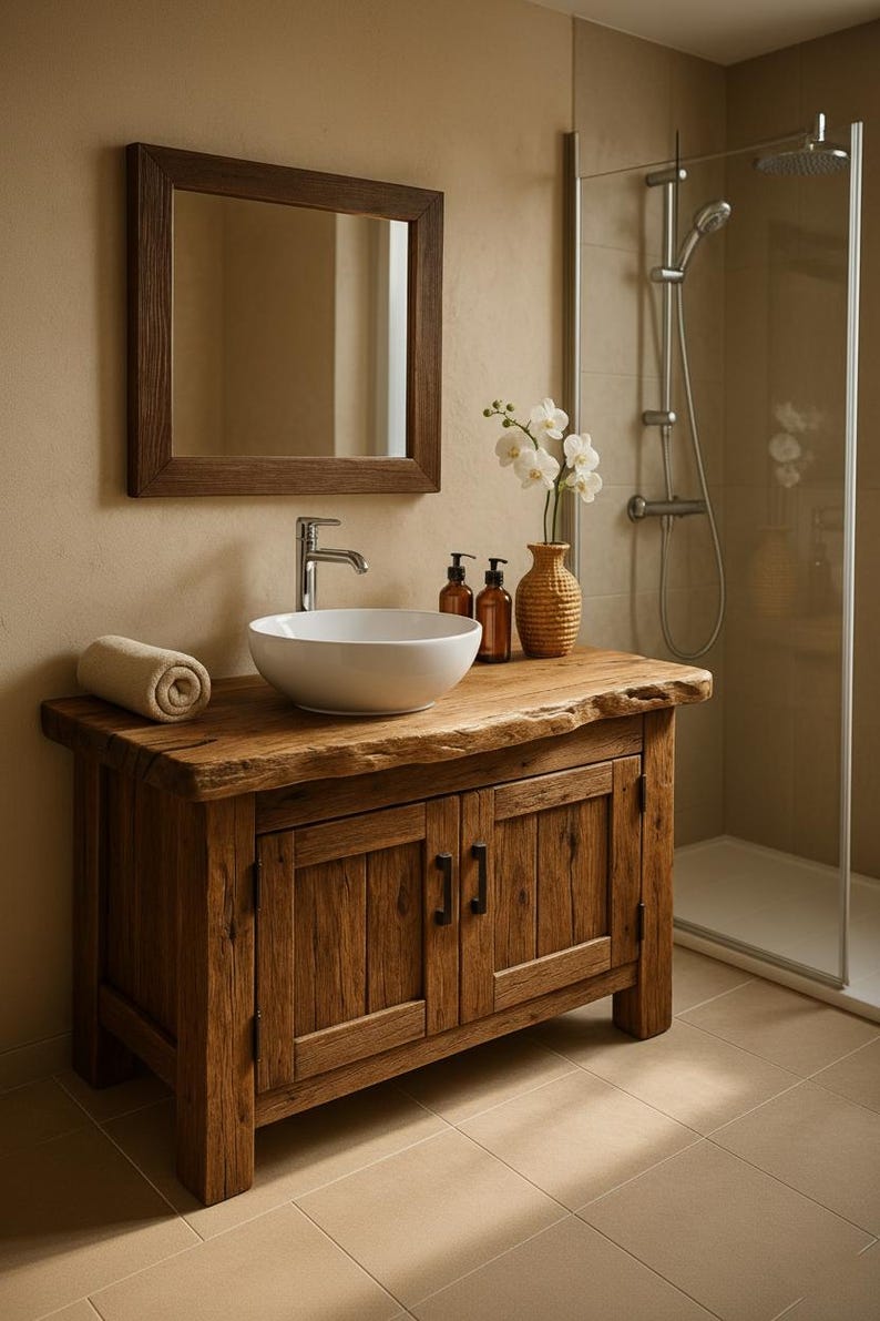 Rustic Wood Bathroom Vanity, Industrial Bathroom Cabinet, Live Edge Vanity with Drawers, Solid Wood Sink Stand, Farmhouse Bathroom Counter