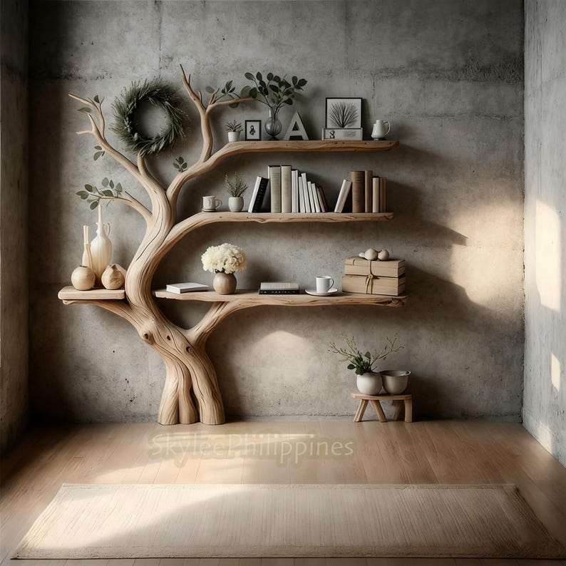 Tree Bookshelf Floating Table | Natural Wooden Bookcase | Decorative Bookshelf with Desk | Handmade Book Table Shelf